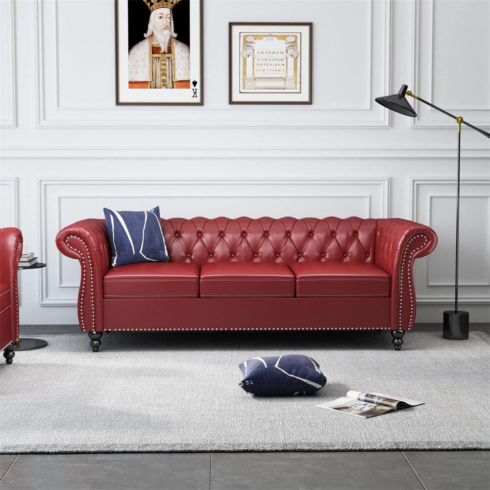 Pu Leather 3-Seat Chesterfield Sofa with Tufted Back-NOSGA