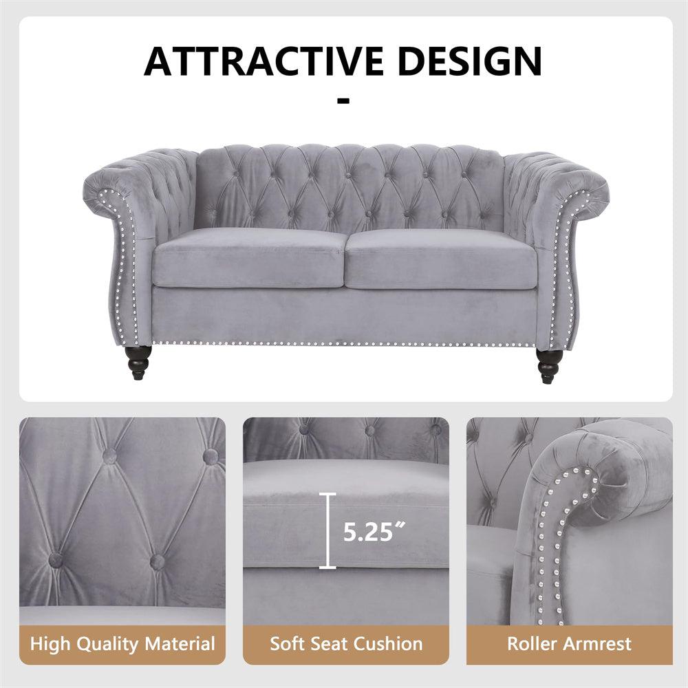 Velvet 3-Seat Chesterfield Sofa with Button Tufted Back-NOSGA