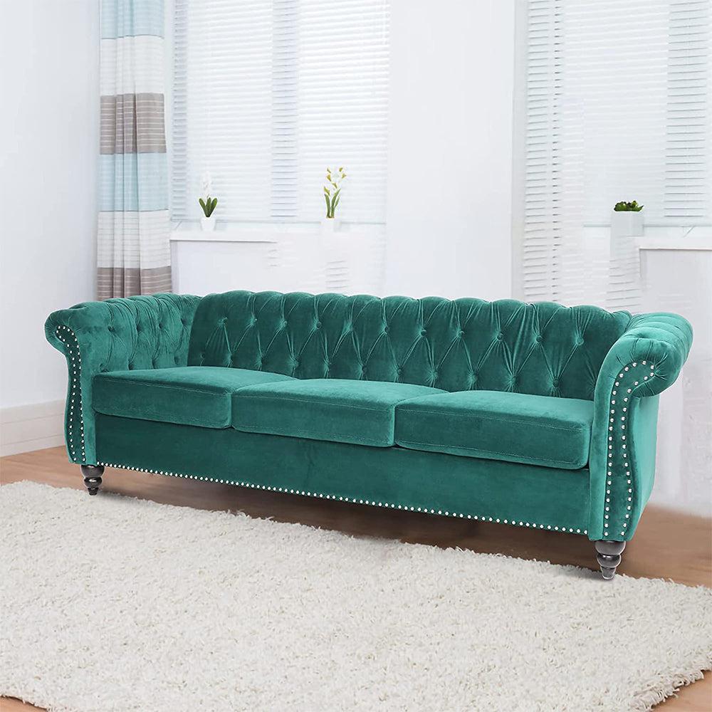 Velvet 3-Seat Chesterfield Sofa with Button Tufted Back-NOSGA