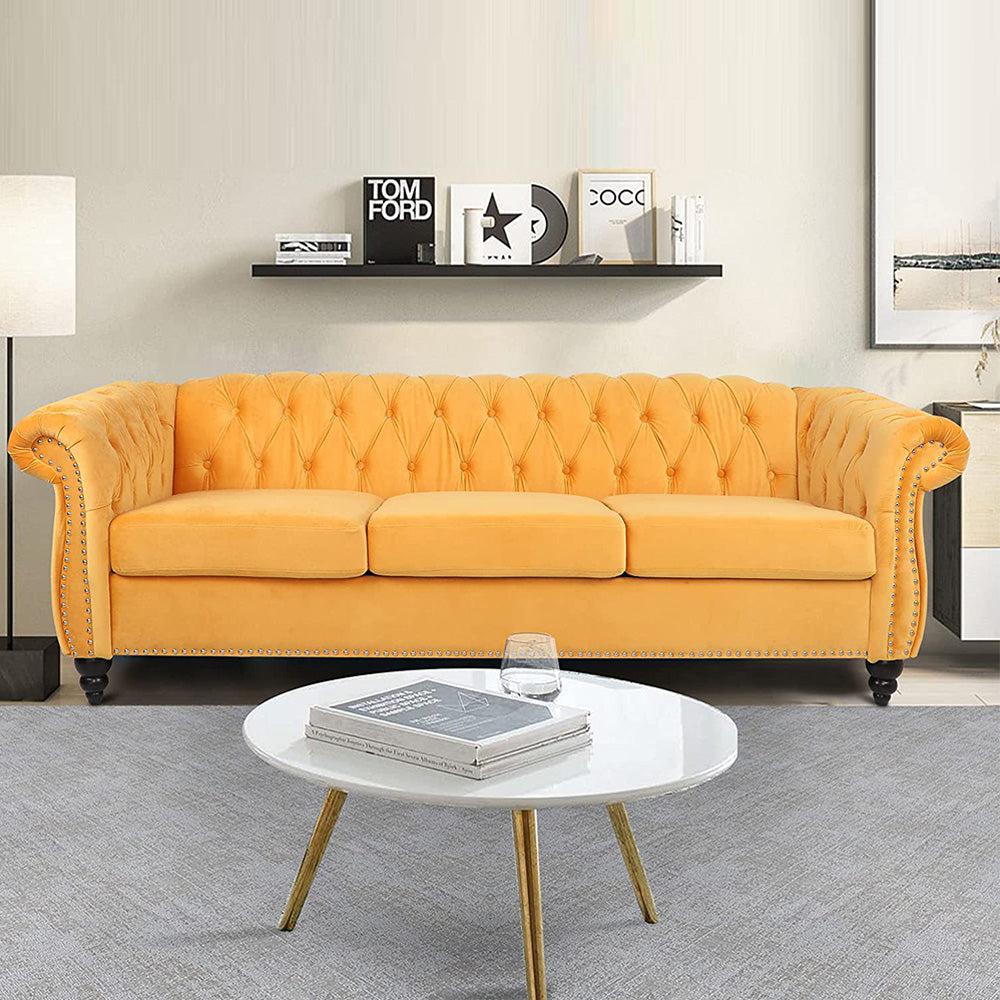 Velvet 3-Seat Chesterfield Sofa with Button Tufted Back-NOSGA