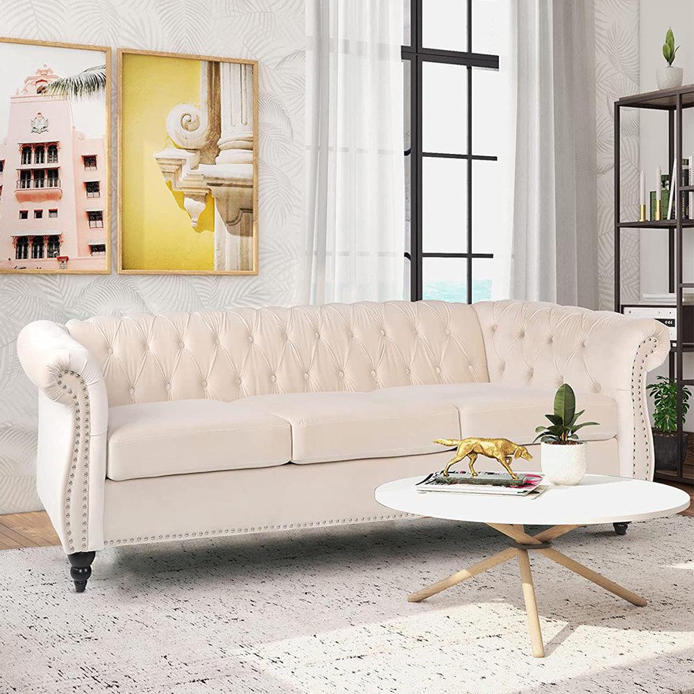 Velvet 3-Seat Chesterfield Sofa with Button Tufted Back-NOSGA