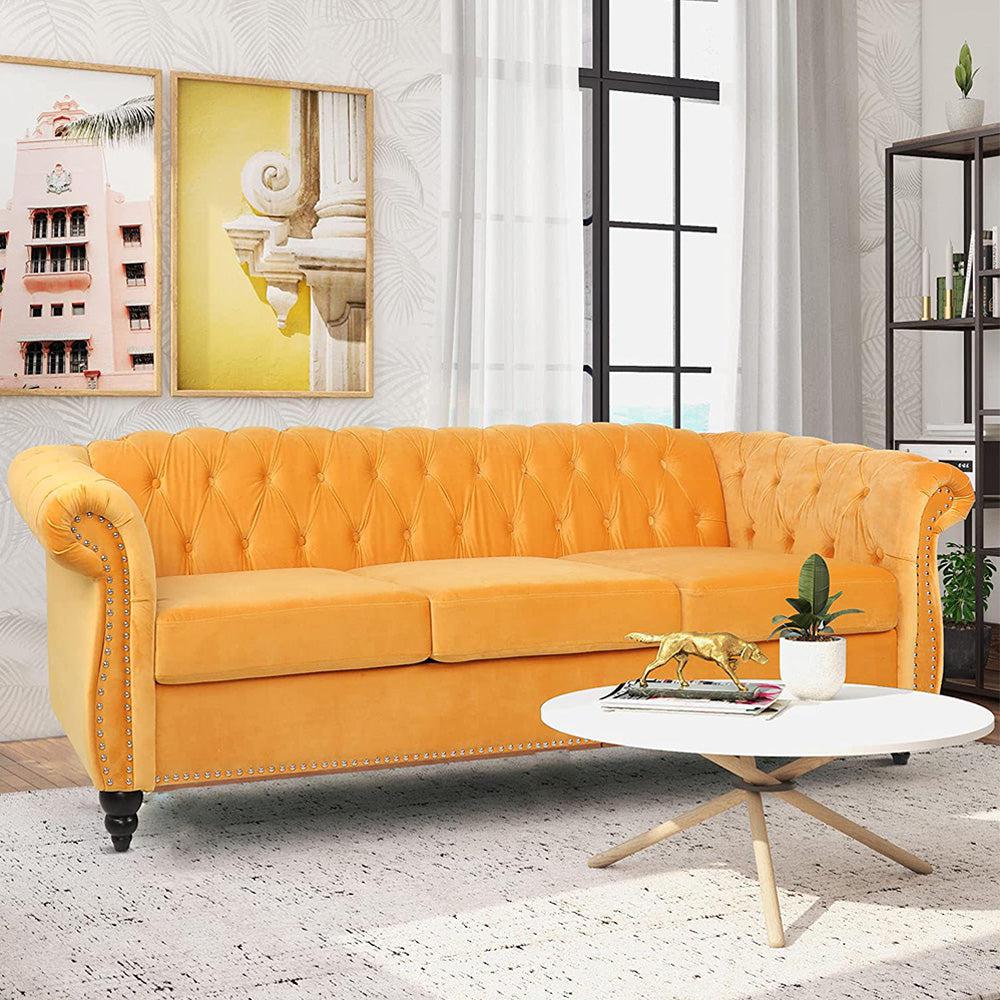 Velvet 3-Seat Chesterfield Sofa with Button Tufted Back-NOSGA