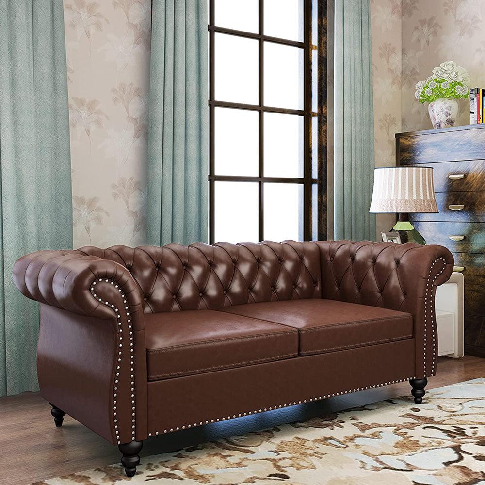 Pu Leather 3-Seat Chesterfield Sofa with Tufted Back-NOSGA