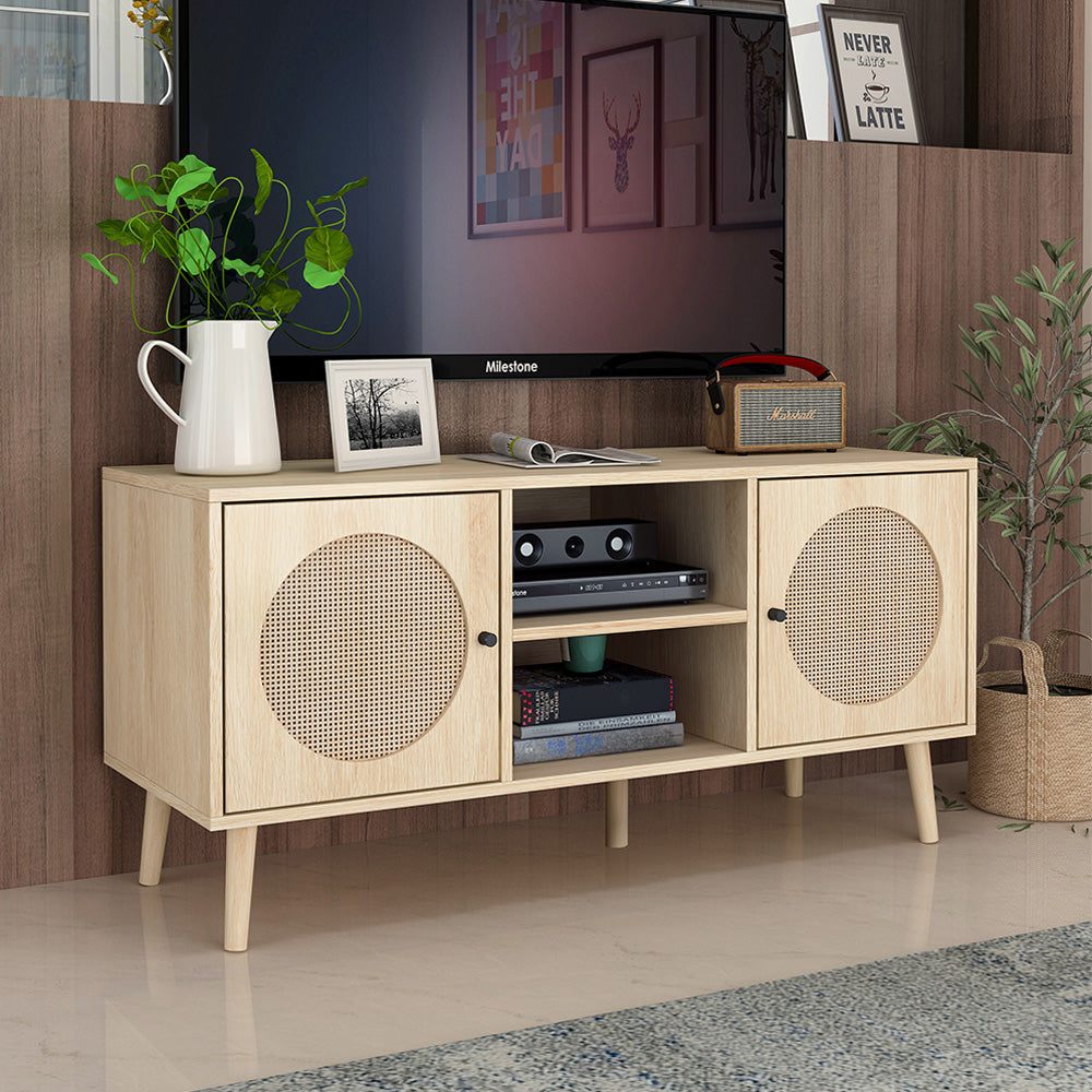 Farmhouse Rattan TV Stand with Storage Cabinet