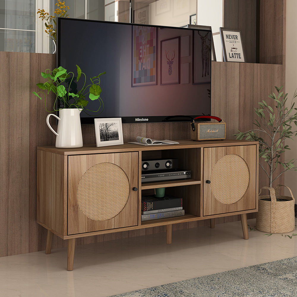 Farmhouse Rattan TV Stand with Storage Cabinet