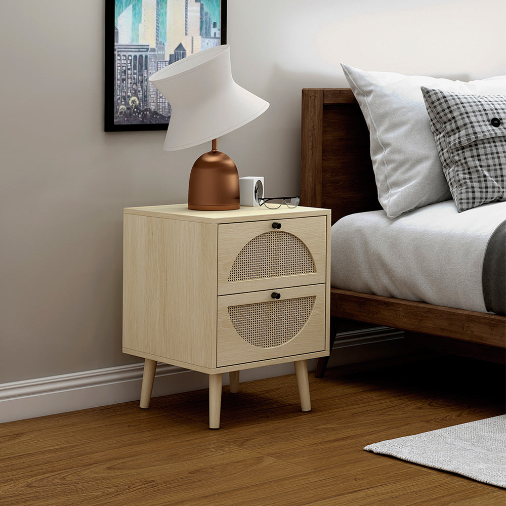 Nightstand with 2 Rattan Storage Drawers