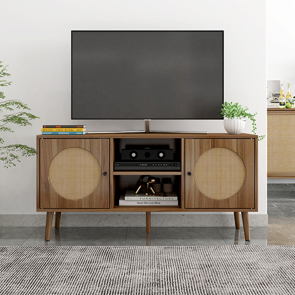 Farmhouse Rattan TV Stand with Storage Cabinet