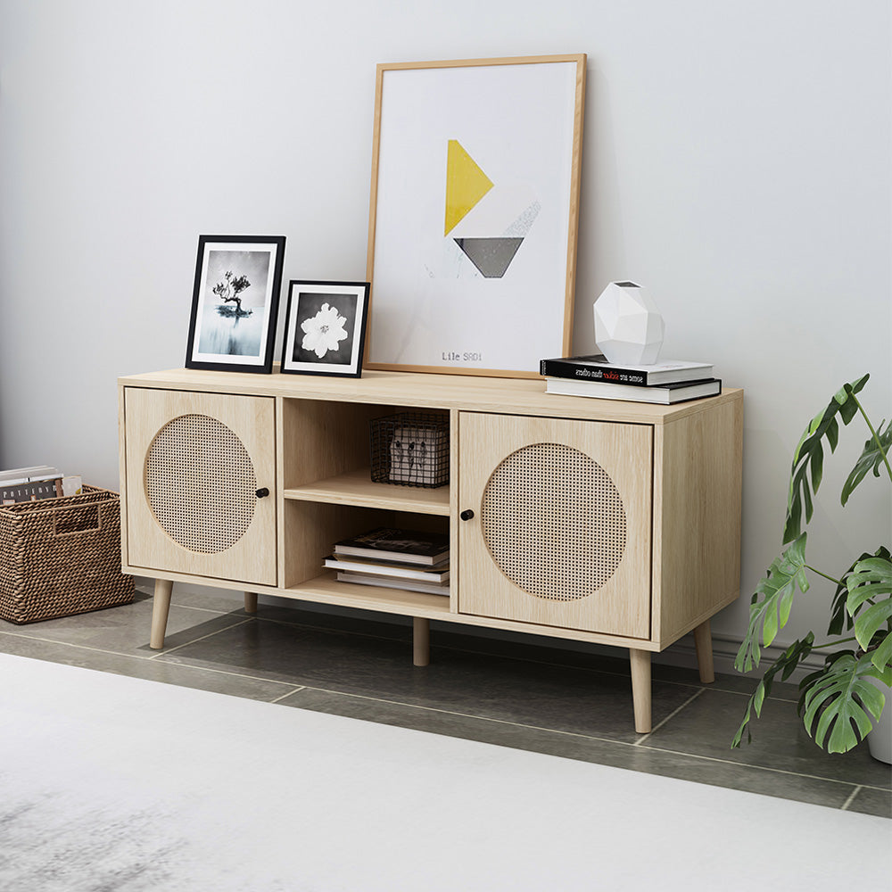 Farmhouse Rattan TV Stand with Storage Cabinet