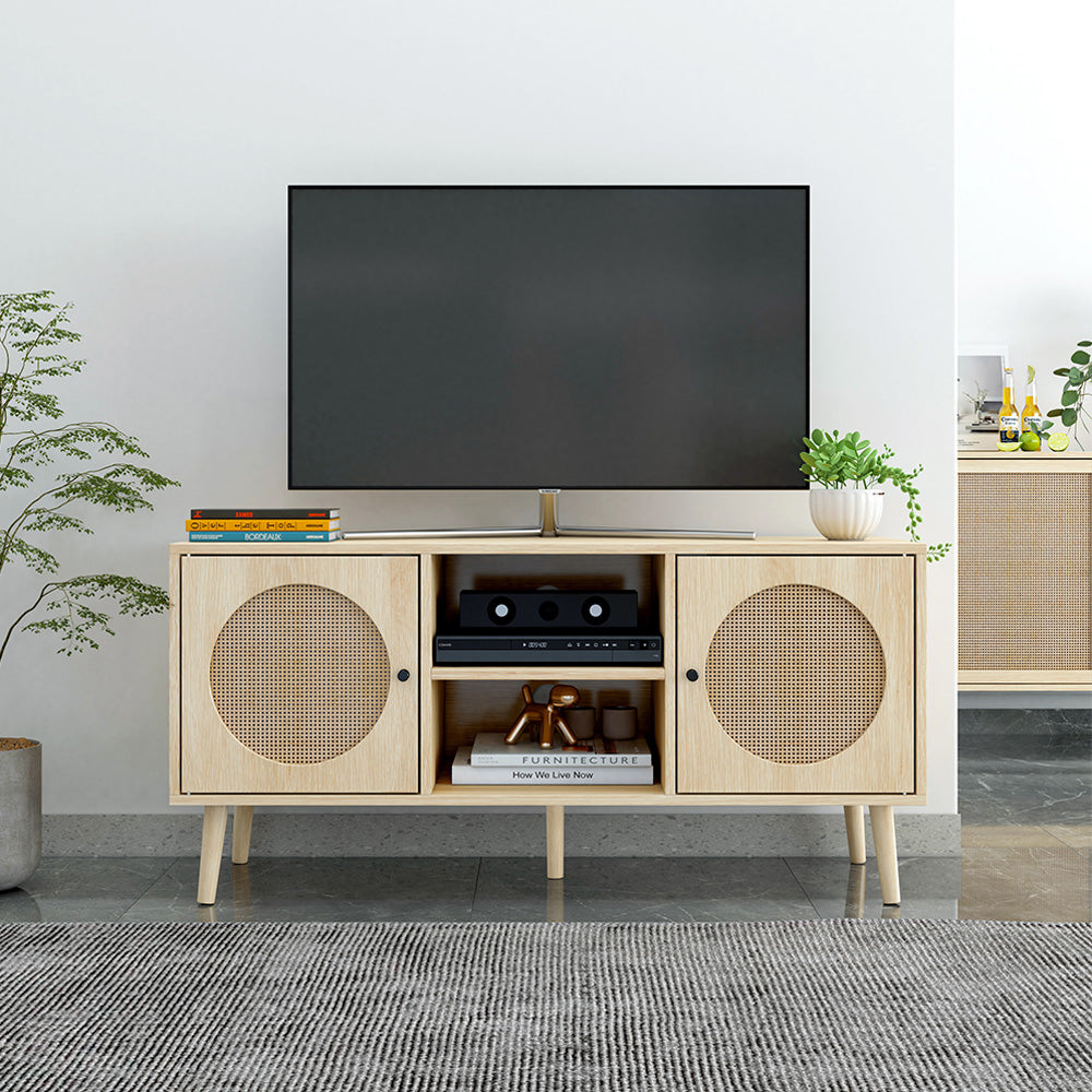 Farmhouse Rattan TV Stand with Storage Cabinet