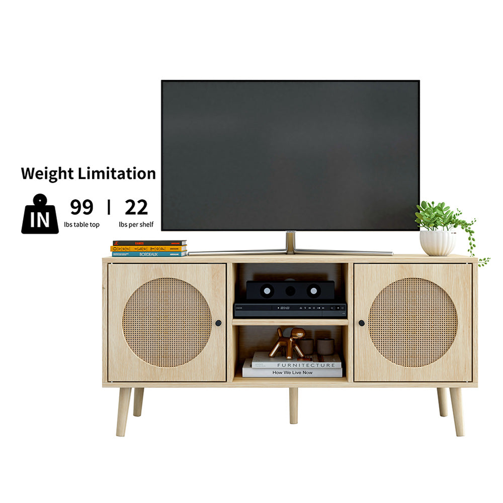 Farmhouse Rattan TV Stand with Storage Cabinet