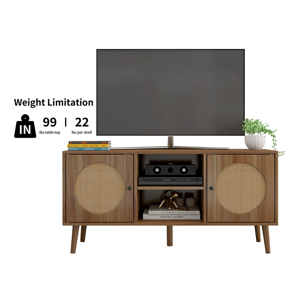 Farmhouse Rattan TV Stand with Storage Cabinet