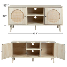 Farmhouse Rattan TV Stand with Storage Cabinet