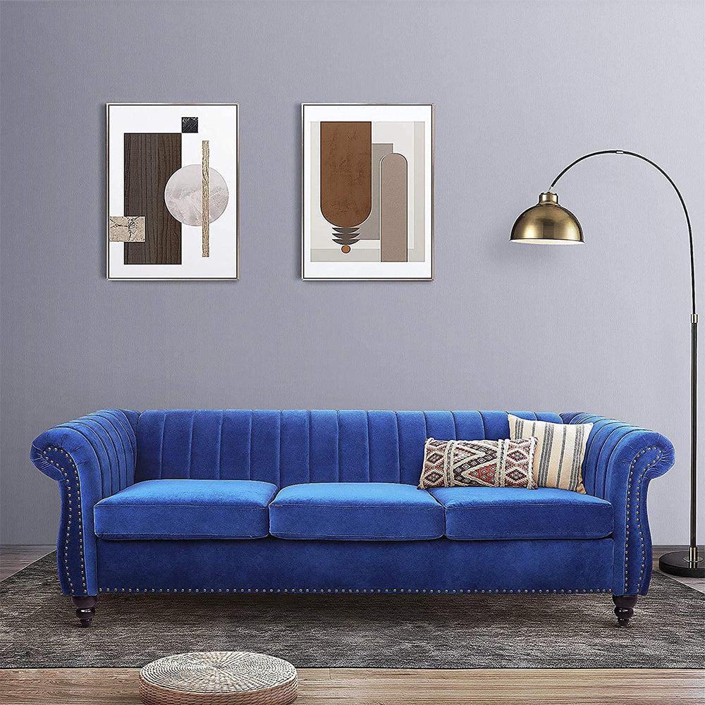 Classic Three Seater Chesterfield Velvet Sofa With Channel Back-NOSGA