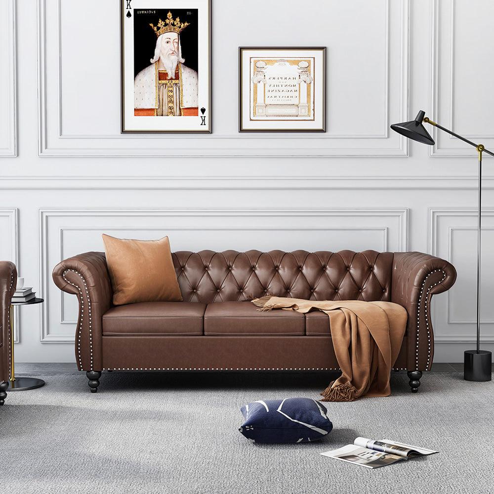 Pu Leather 3-Seat Chesterfield Sofa with Tufted Back-NOSGA