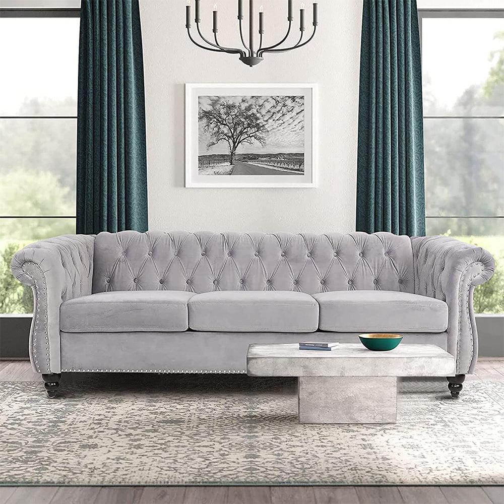 Velvet 3-Seat Chesterfield Sofa with Button Tufted Back-NOSGA